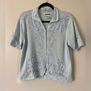 Blue Embroider Cozy Knit Cottage 90s VTG Coastal Grandma Short Sleeve Cardigan L